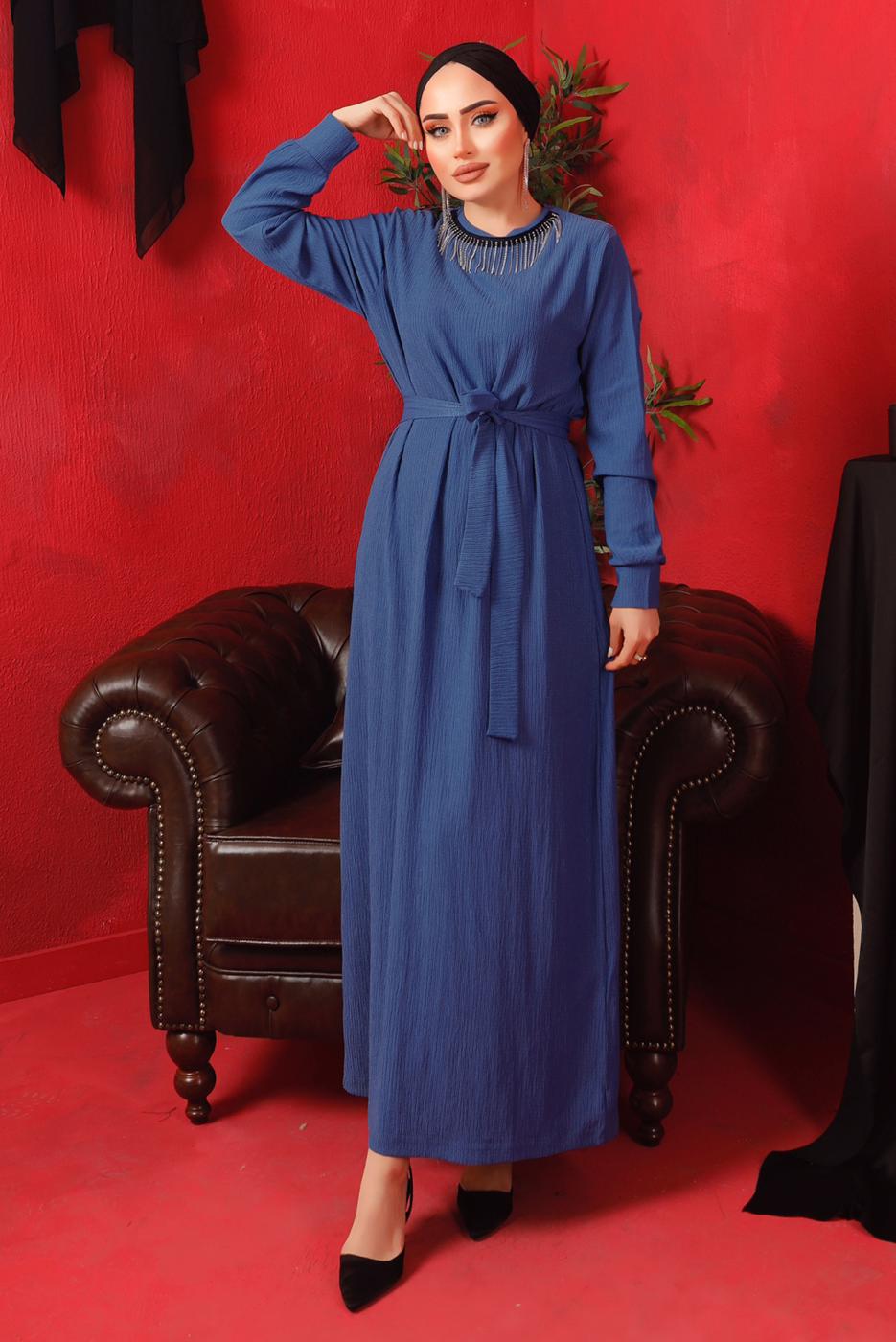 Tesettür giyim LACİVERT YAKASI ZİNCİRLİ KUŞAKLI ELBİSE T 2003