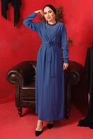 Tesettür giyim LACİVERT YAKASI ZİNCİRLİ KUŞAKLI ELBİSE T 2003