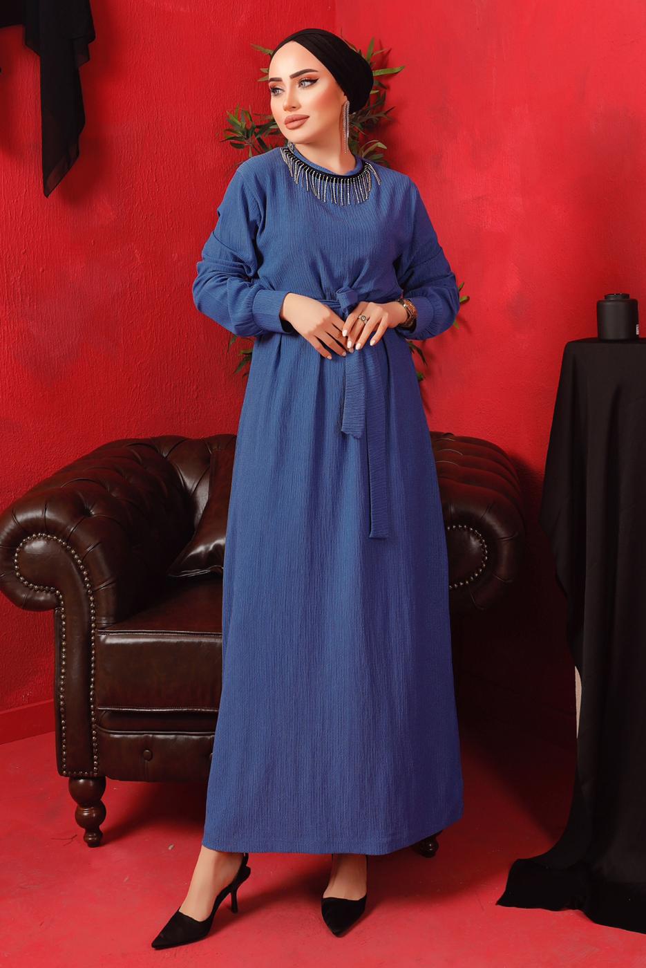 Tesettür giyim LACİVERT YAKASI ZİNCİRLİ KUŞAKLI ELBİSE T 2003