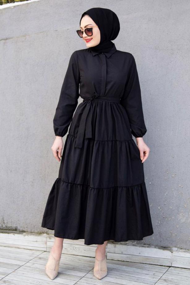 Vêtements hijab  FRILLED BELTED SHIRT COLLAR DRESS T 2058 - TRENDTESETTÜR