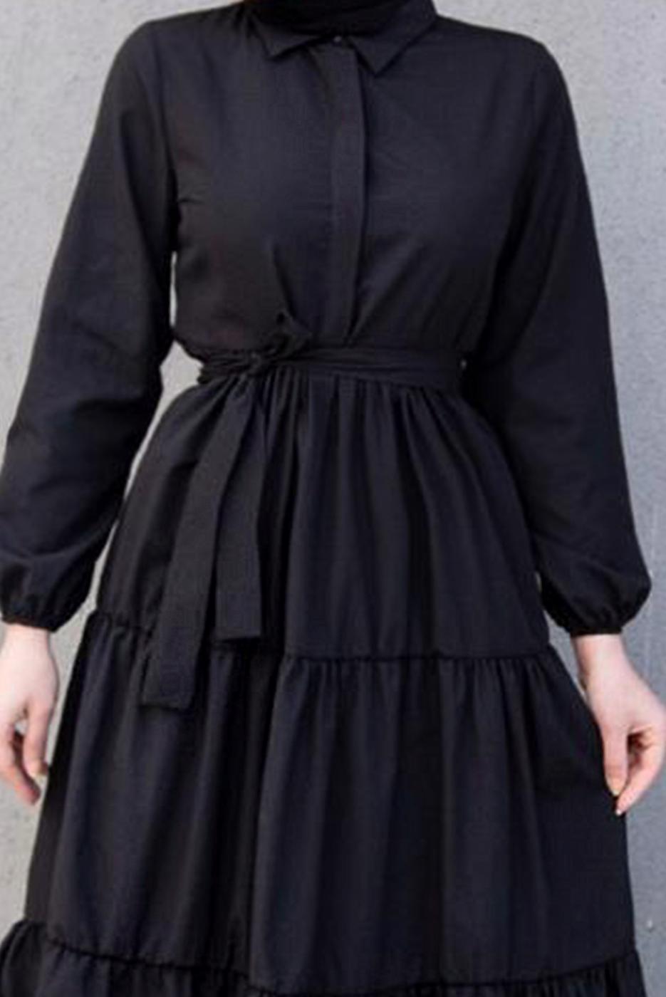 Vêtements hijab NOIR ROBE COL CHEMISE CEINTURE A VOLANTS T 2058
