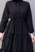 Vêtements hijab NOIR ROBE COL CHEMISE CEINTURE A VOLANTS T 2058