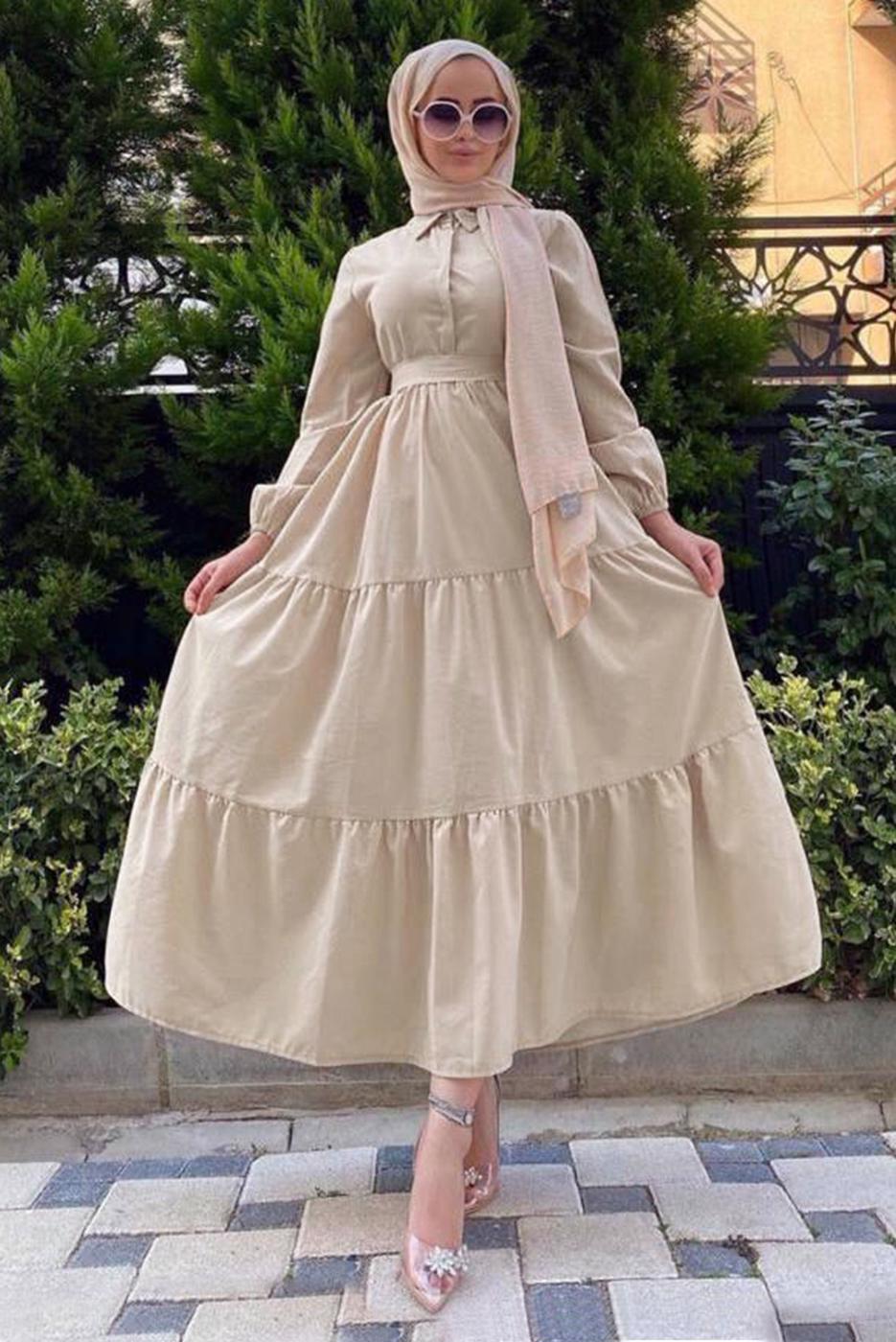 Vêtements hijab BEIGE ROBE COL CHEMISE CEINTURE A VOLANTS T 2058