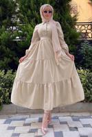 Vêtements hijab BEIGE ROBE COL CHEMISE CEINTURE A VOLANTS T 2058