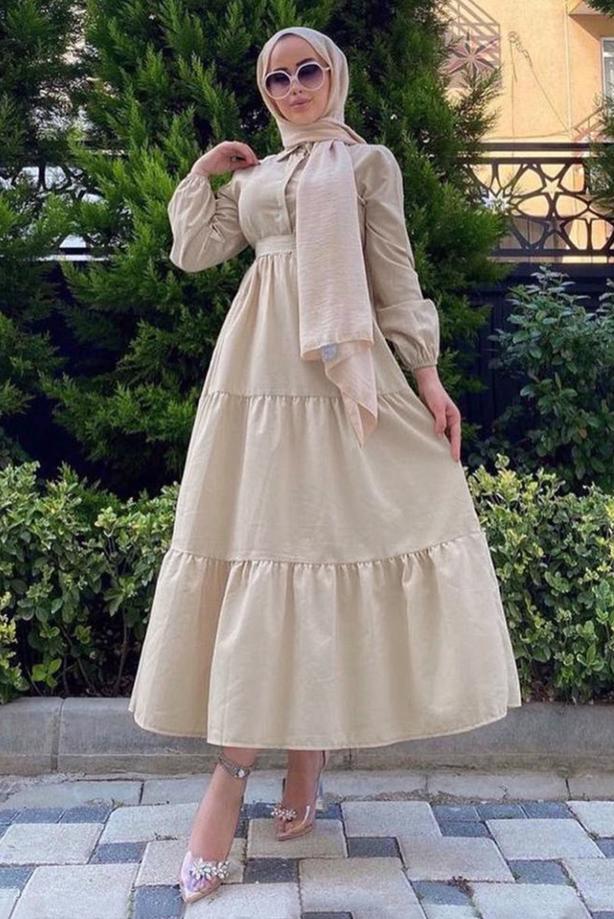 Vêtements hijab  FRILLED BELTED SHIRT COLLAR DRESS T 2058 - TRENDTESETTÜR