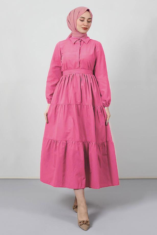 Vêtements hijab  FRILLED BELTED SHIRT COLLAR DRESS T 2058 - TRENDTESETTÜR