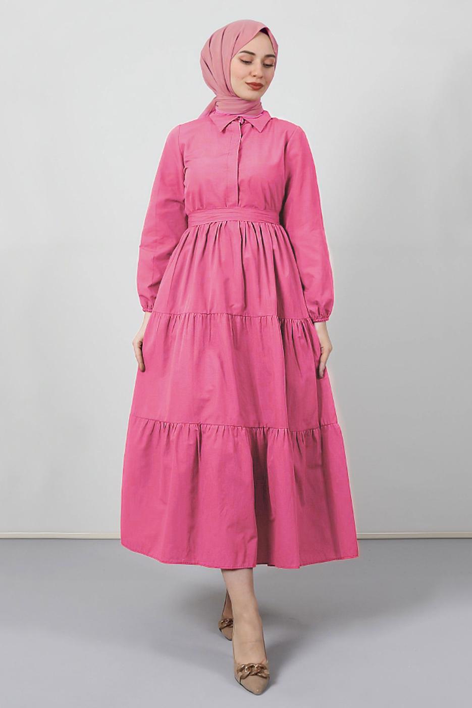 Vêtements hijab FUCHSIA ROBE COL CHEMISE CEINTURE A VOLANTS T 2058