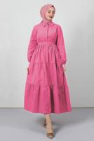 Vêtements hijab FUCHSIA ROBE COL CHEMISE CEINTURE A VOLANTS T 2058