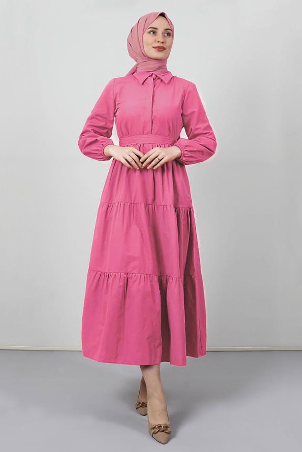 Vêtements hijab  FRILLED BELTED SHIRT COLLAR DRESS T 2058 - TRENDTESETTÜR