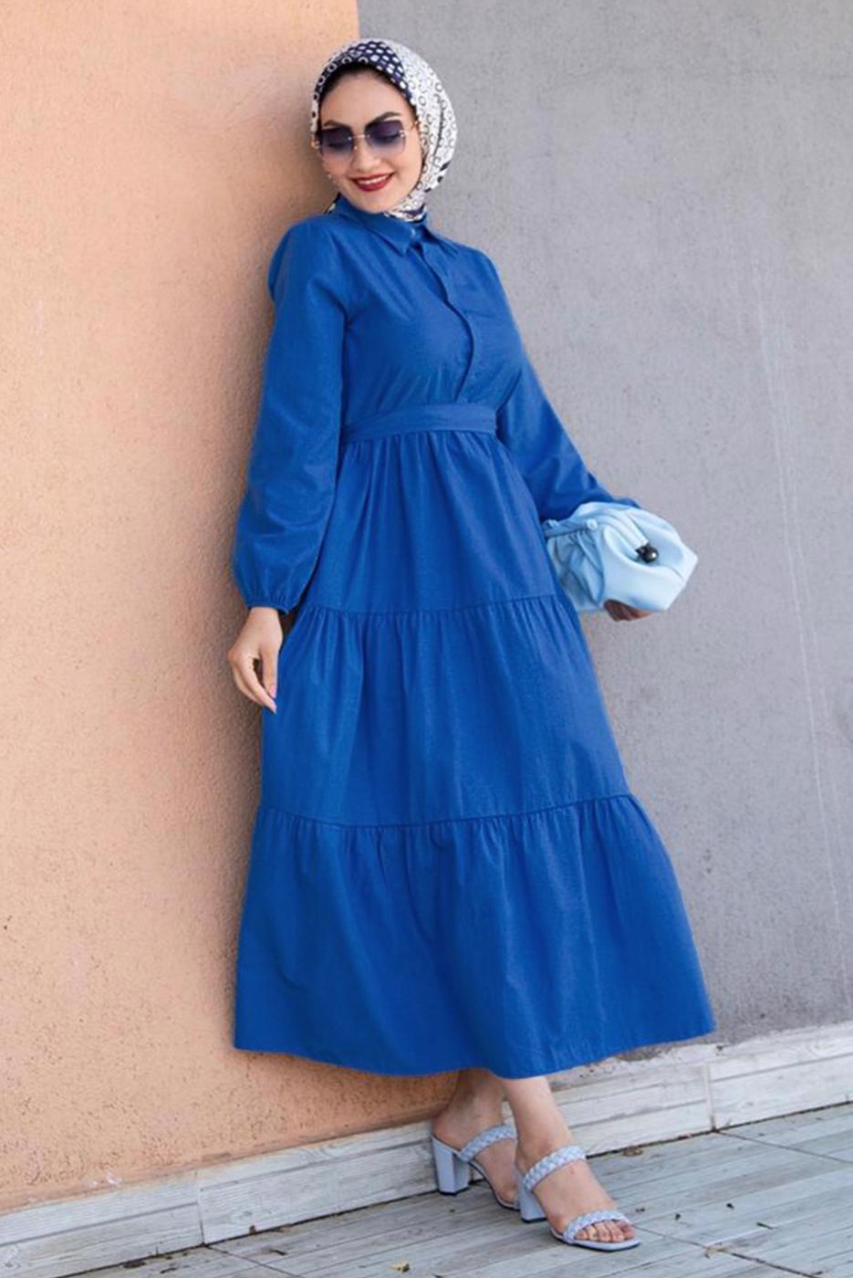 Vêtements hijab BLEU MARINE ROBE COL CHEMISE CEINTURE A VOLANTS T 2058