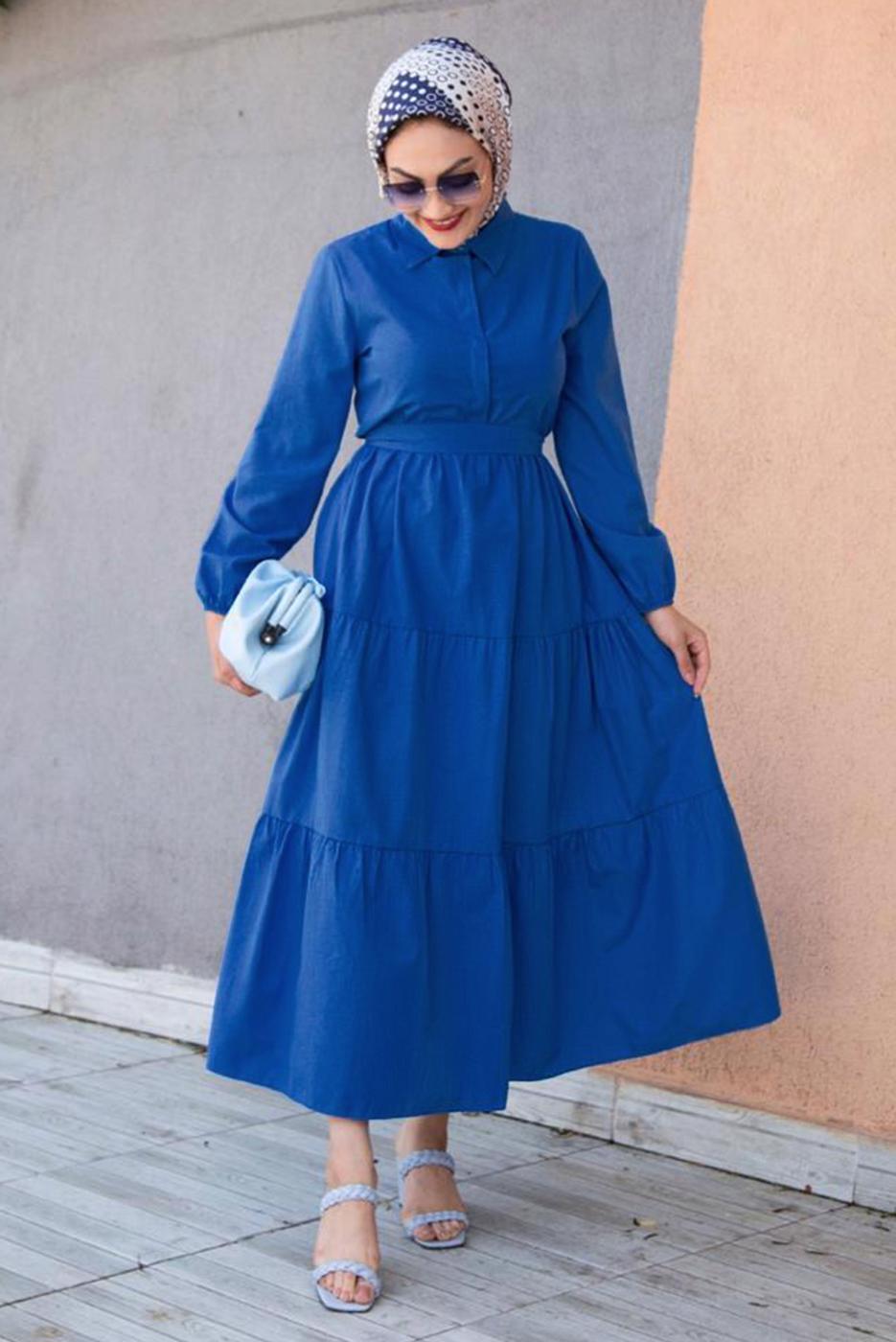 Vêtements hijab BLEU MARINE ROBE COL CHEMISE CEINTURE A VOLANTS T 2058