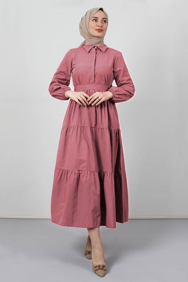 Vêtements hijab  FRILLED BELTED SHIRT COLLAR DRESS T 2058 - TRENDTESETTÜR