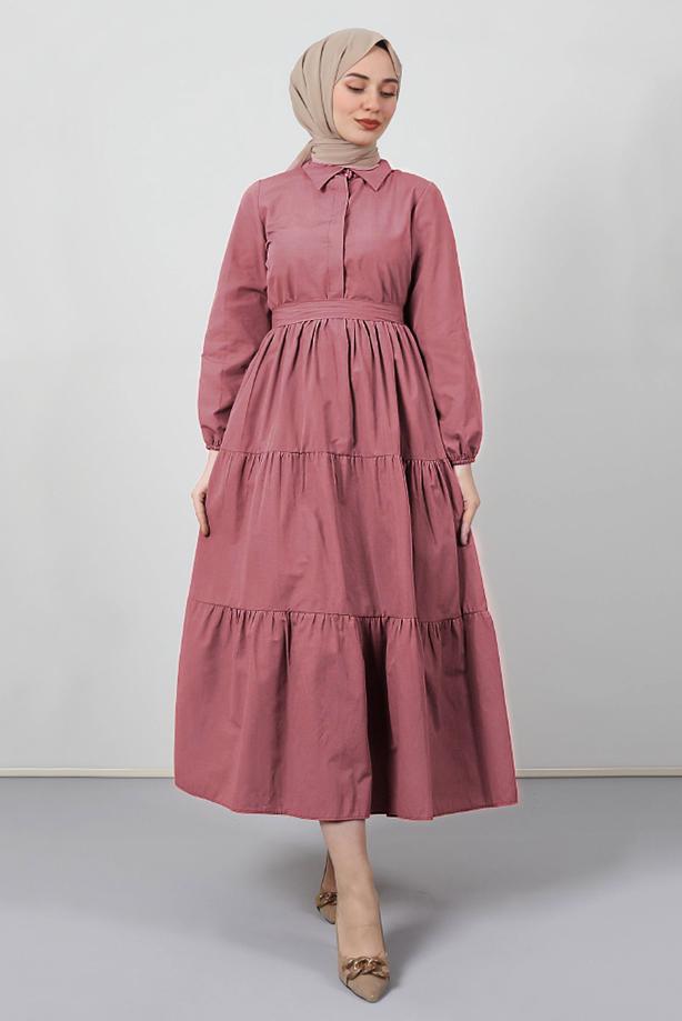 Vêtements hijab  FRILLED BELTED SHIRT COLLAR DRESS T 2058 - TRENDTESETTÜR