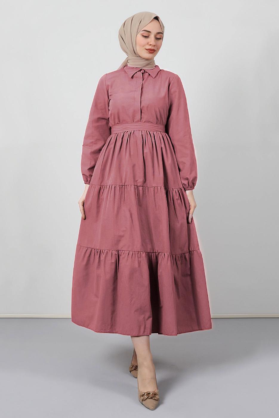 Vêtements hijab ROSE ROBE COL CHEMISE CEINTURE A VOLANTS T 2058