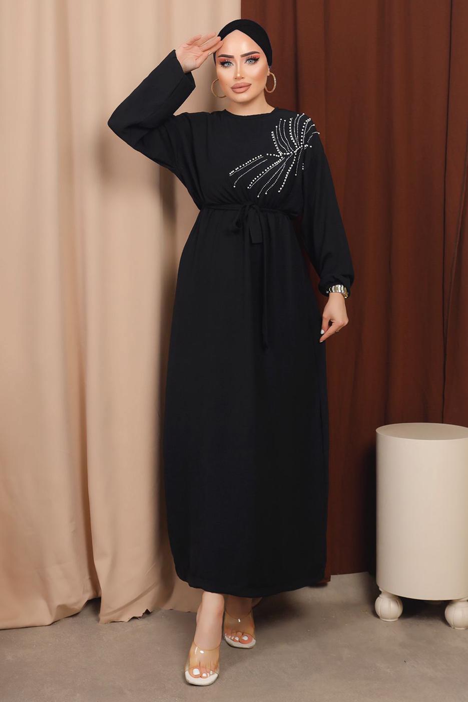 Tesettür giyim SİYAH BONCUK DETAYLI KUŞAKLI AEROBİN ELBİSE T 2213