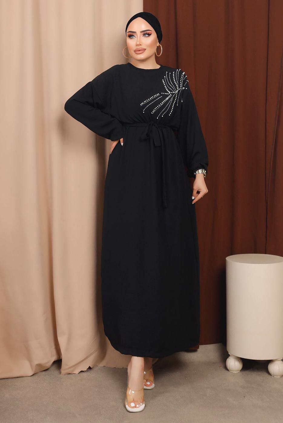 Tesettür giyim SİYAH BONCUK DETAYLI KUŞAKLI AEROBİN ELBİSE T 2213