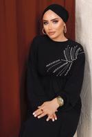 Tesettür giyim SİYAH BONCUK DETAYLI KUŞAKLI AEROBİN ELBİSE T 2213