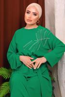 Tesettür giyim YEŞİL BONCUK DETAYLI KUŞAKLI AEROBİN ELBİSE T 2213