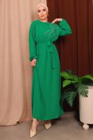 Tesettür giyim YEŞİL BONCUK DETAYLI KUŞAKLI AEROBİN ELBİSE T 2213