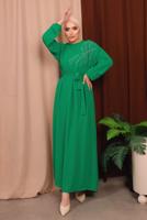 Tesettür giyim YEŞİL BONCUK DETAYLI KUŞAKLI AEROBİN ELBİSE T 2213