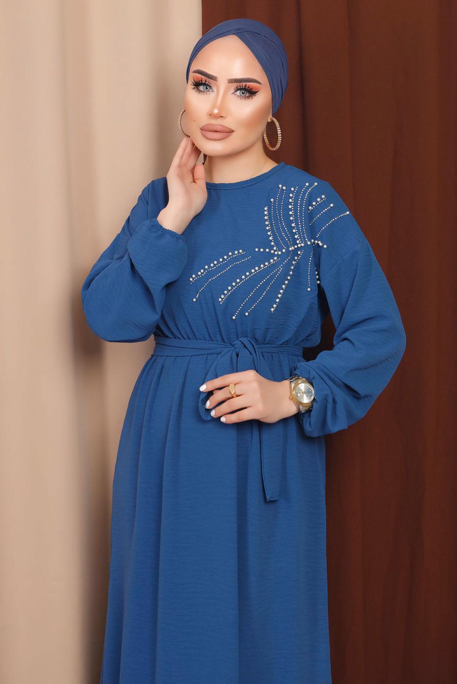 Tesettür giyim LACİVERT BONCUK DETAYLI KUŞAKLI AEROBİN ELBİSE T 2213