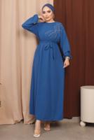 Tesettür giyim LACİVERT BONCUK DETAYLI KUŞAKLI AEROBİN ELBİSE T 2213