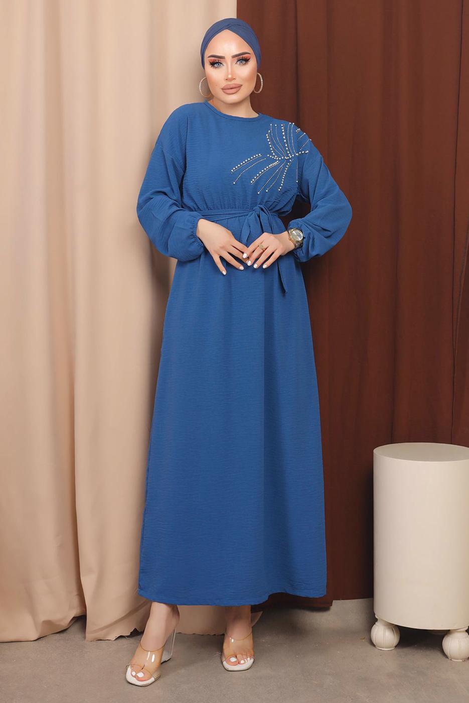 Tesettür giyim LACİVERT BONCUK DETAYLI KUŞAKLI AEROBİN ELBİSE T 2213
