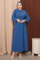 Tesettür giyim LACİVERT BONCUK DETAYLI KUŞAKLI AEROBİN ELBİSE T 2213
