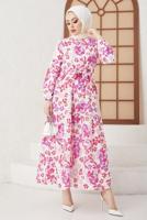 Tesettür giyim MOR ÇİÇEK DESENLİ KUŞAKLI SALAŞ ELBİSE T 224