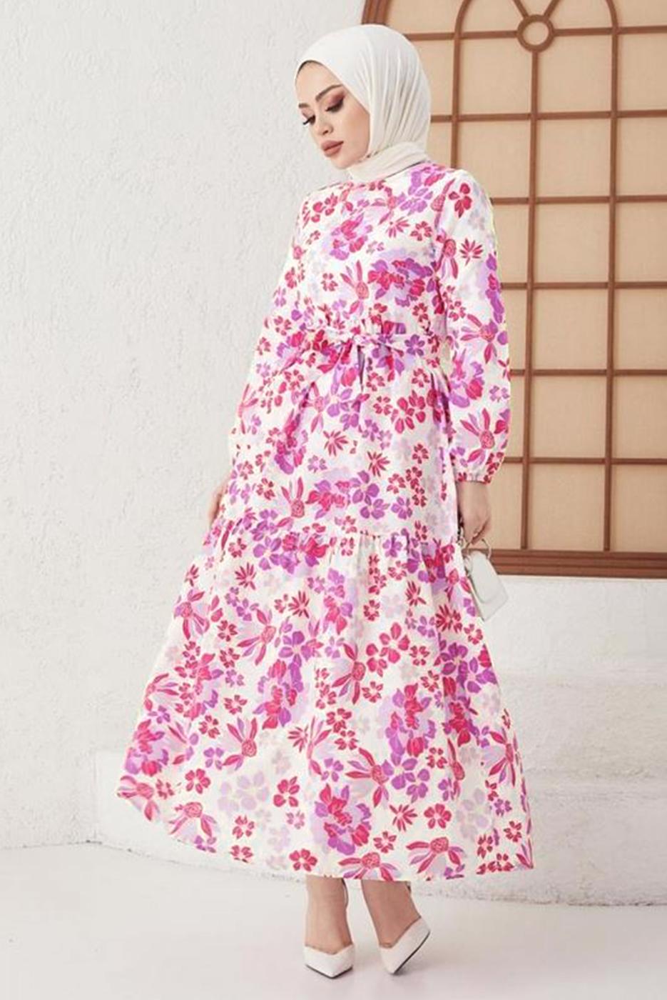 Tesettür giyim MOR ÇİÇEK DESENLİ KUŞAKLI SALAŞ ELBİSE T 224