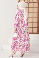 Tesettür giyim MOR ÇİÇEK DESENLİ KUŞAKLI SALAŞ ELBİSE T 224