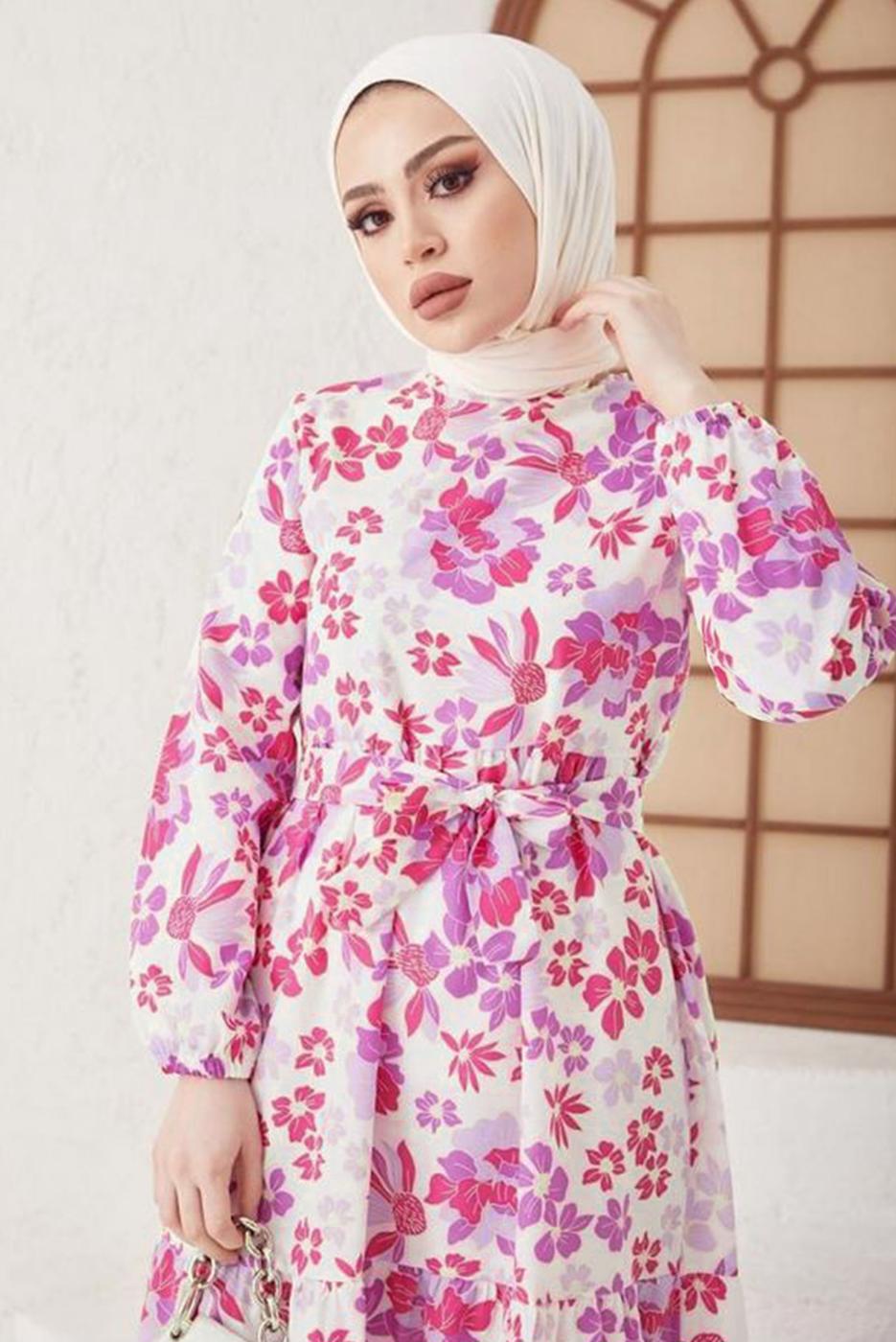 Tesettür giyim MOR ÇİÇEK DESENLİ KUŞAKLI SALAŞ ELBİSE T 224