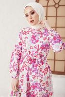 Tesettür giyim MOR ÇİÇEK DESENLİ KUŞAKLI SALAŞ ELBİSE T 224