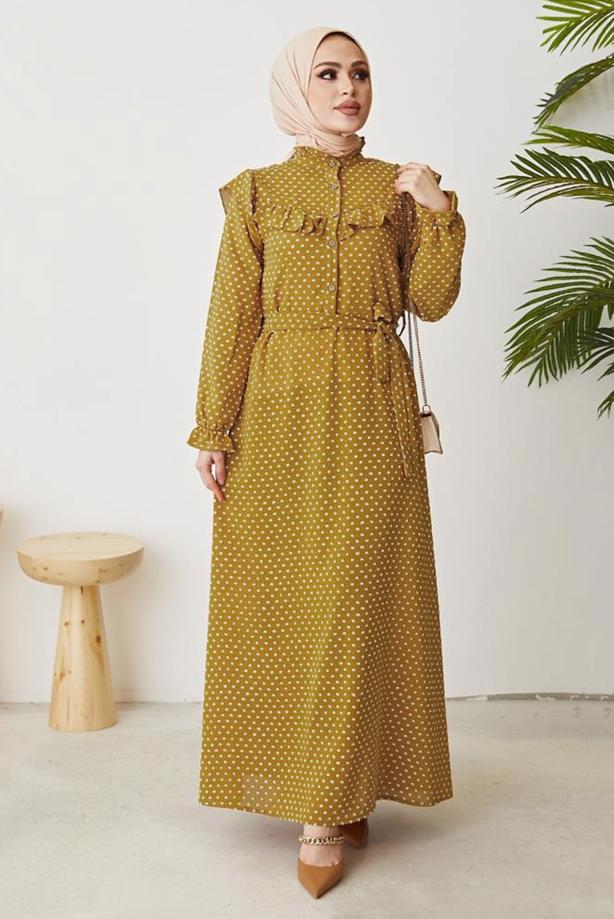 Vêtements hijab  FRILLED POLKA-DOTTED DRESS WITH BELT T 2254 - TRENDTESETTÜR