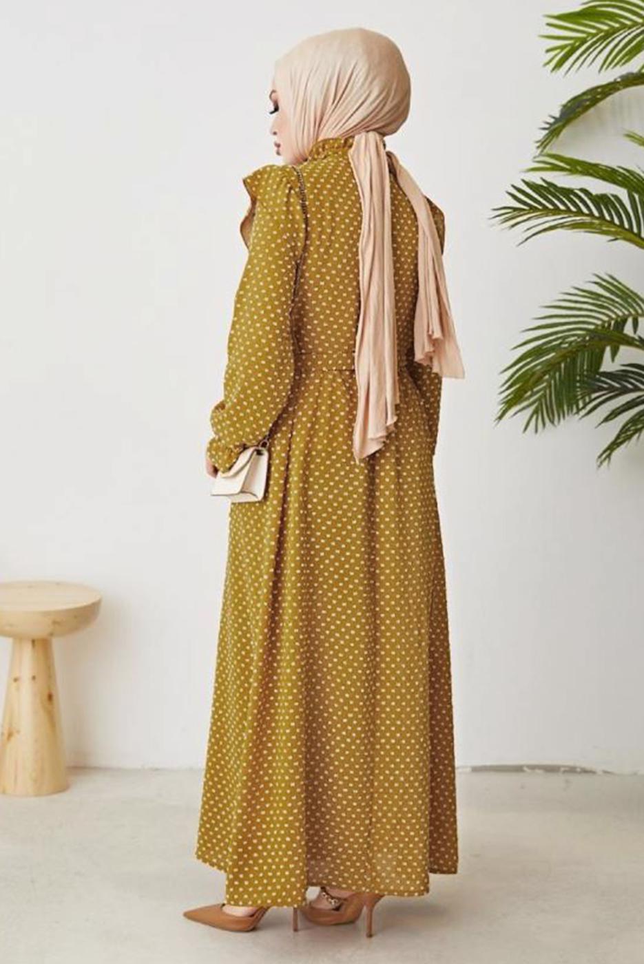 Vêtements hijab JAUNE ROBE À POIS À VOLANTS AVEC CEINTURE T 2254