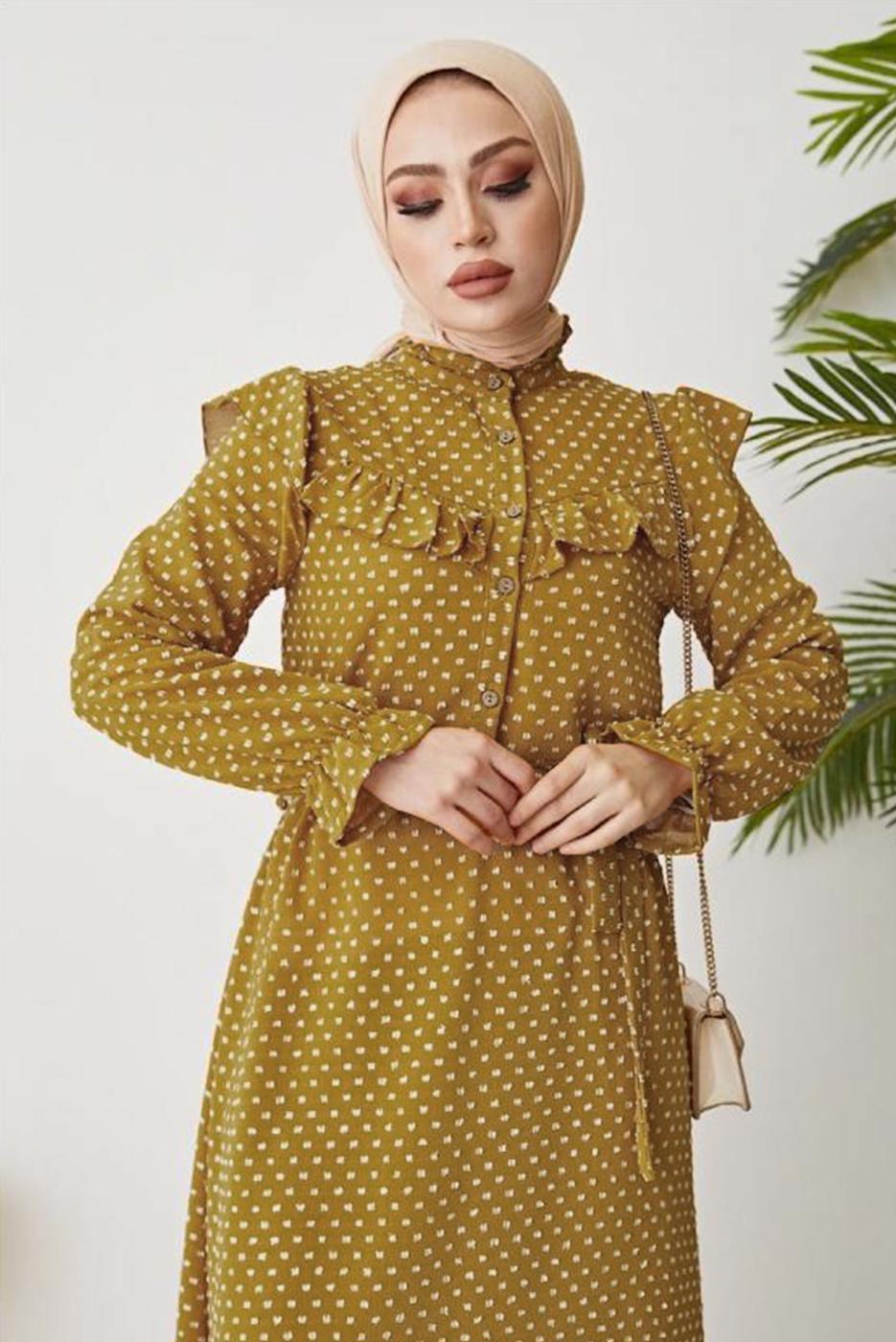 Vêtements hijab JAUNE ROBE À POIS À VOLANTS AVEC CEINTURE T 2254