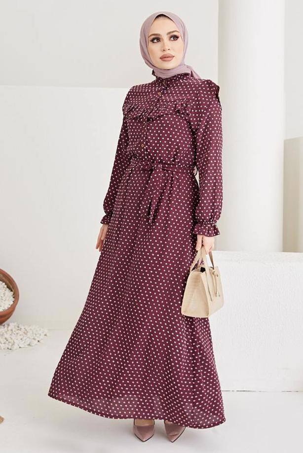 Vêtements hijab  FRILLED POLKA-DOTTED DRESS WITH BELT T 2254 - TRENDTESETTÜR