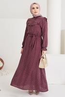 Hijab clothing CLARET RED FRILLED POLKA-DOTTED DRESS WITH BELT T 2254