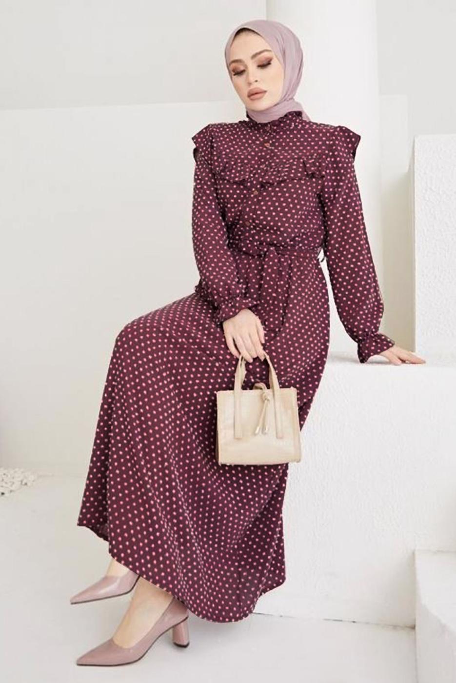 Hijab clothing CLARET RED FRILLED POLKA-DOTTED DRESS WITH BELT T 2254