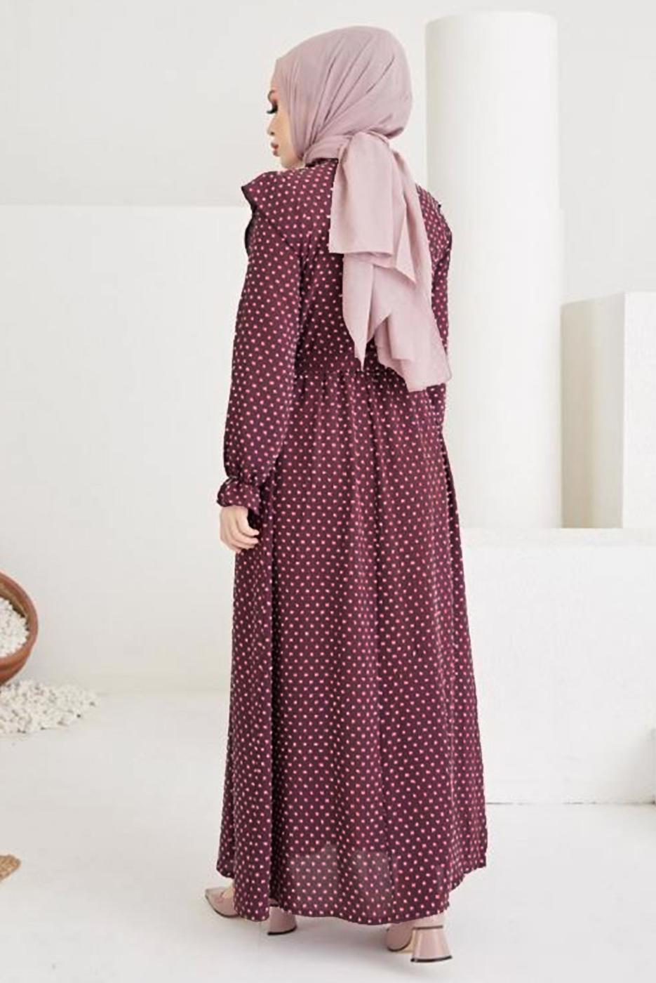 Hijab clothing CLARET RED FRILLED POLKA-DOTTED DRESS WITH BELT T 2254