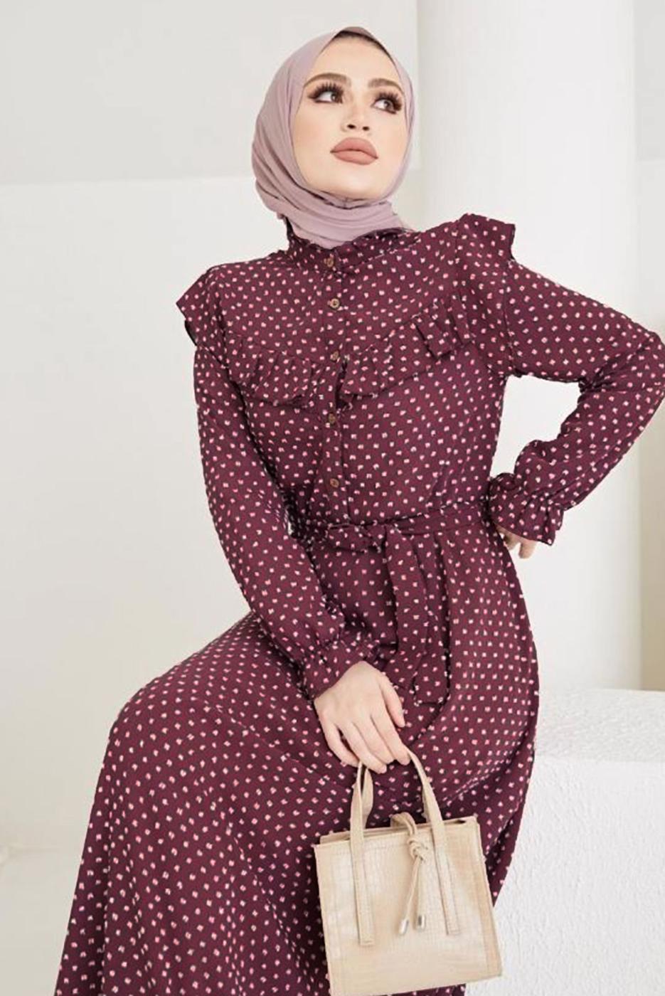 Hijab clothing CLARET RED FRILLED POLKA-DOTTED DRESS WITH BELT T 2254
