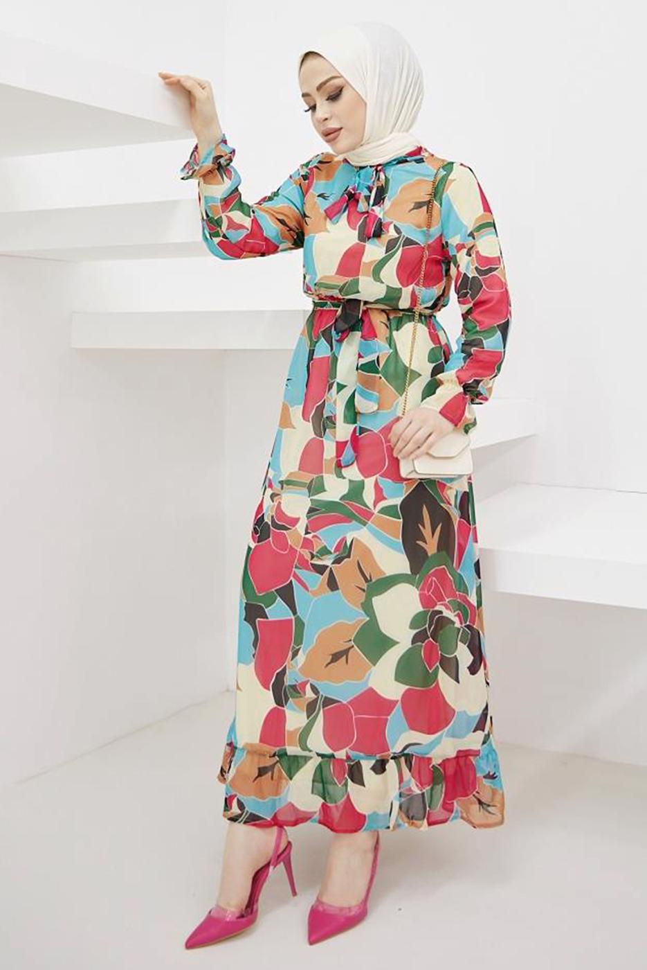 Tesettür giyim FUŞYA ETEK UCU VOLANLI DESENLİ ŞİFON ELBİSE T 2304