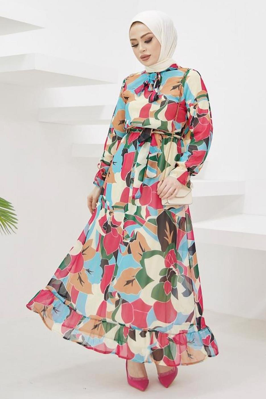 Tesettür giyim FUŞYA ETEK UCU VOLANLI DESENLİ ŞİFON ELBİSE T 2304