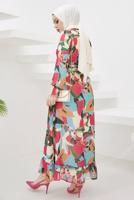 Tesettür giyim FUŞYA ETEK UCU VOLANLI DESENLİ ŞİFON ELBİSE T 2304