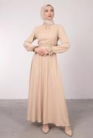 Tesettür giyim BEJ ETNİK İŞLEME DETAYLI YAKASI BAĞLAMALI ELBİSE T 2582 