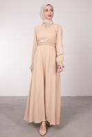 Tesettür giyim BEJ ETNİK İŞLEME DETAYLI YAKASI BAĞLAMALI ELBİSE T 2582 