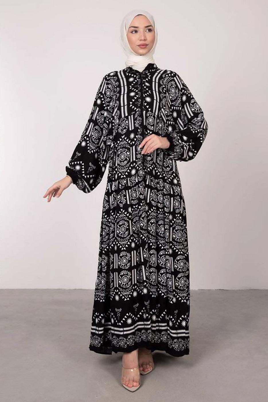 Tesettür giyim SİYAH DESENLİ BALON KOL ELBİSE T 2605