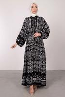 Tesettür giyim SİYAH DESENLİ BALON KOL ELBİSE T 2605