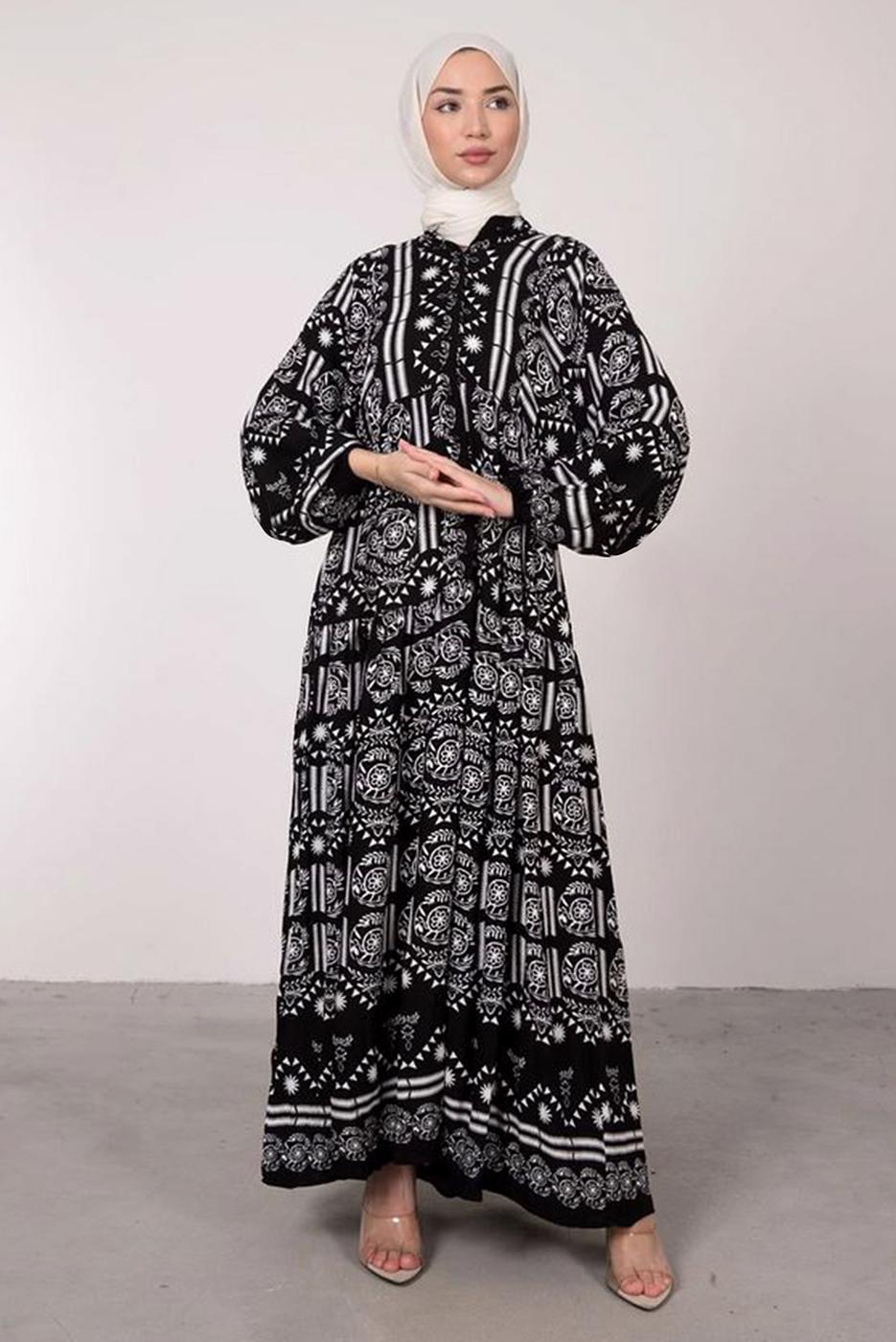 Tesettür giyim SİYAH DESENLİ BALON KOL ELBİSE T 2605