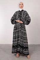 Tesettür giyim SİYAH DESENLİ BALON KOL ELBİSE T 2605